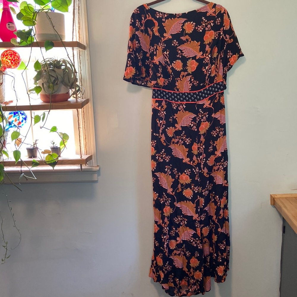 Anthropologie Navy Jumpsuit with Coral Floral Print